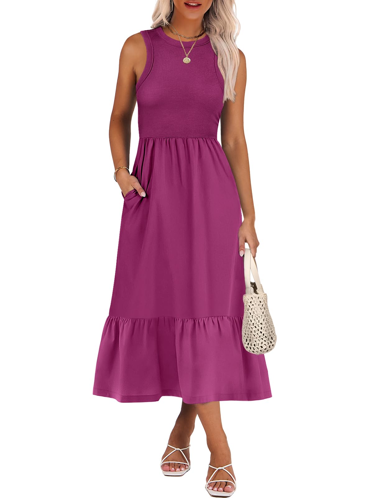 ANRABESS Womens Summer Dresses Casual Beach Tank Midi Sundress with Pockets