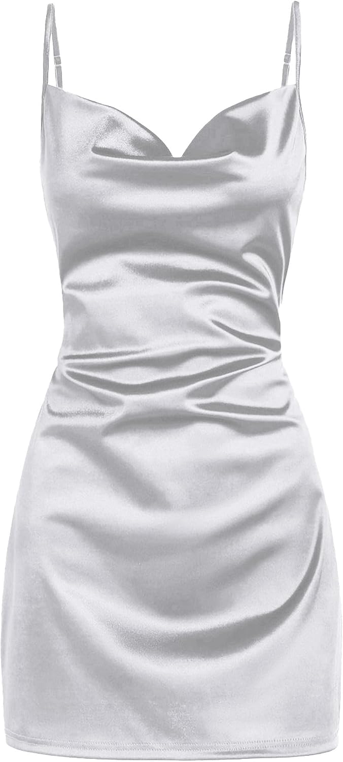 ZAFUL Women Satin Cowl Neck Spaghetti Strap Mini Slip Cocktail Dress