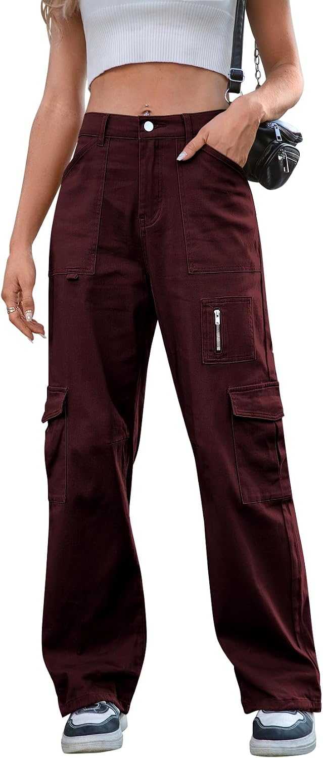 IVIR Cargo Pants Women High Waist Wide Leg Casual Pants with 7 Pockets Stretchy Drawstring Baggy Y2K Trousers