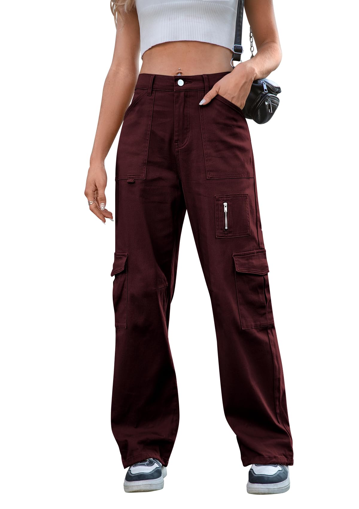 IVIR Cargo Pants Women High Waist Wide Leg Casual Pants with 7 Pockets Stretchy Drawstring Baggy Y2K Trousers
