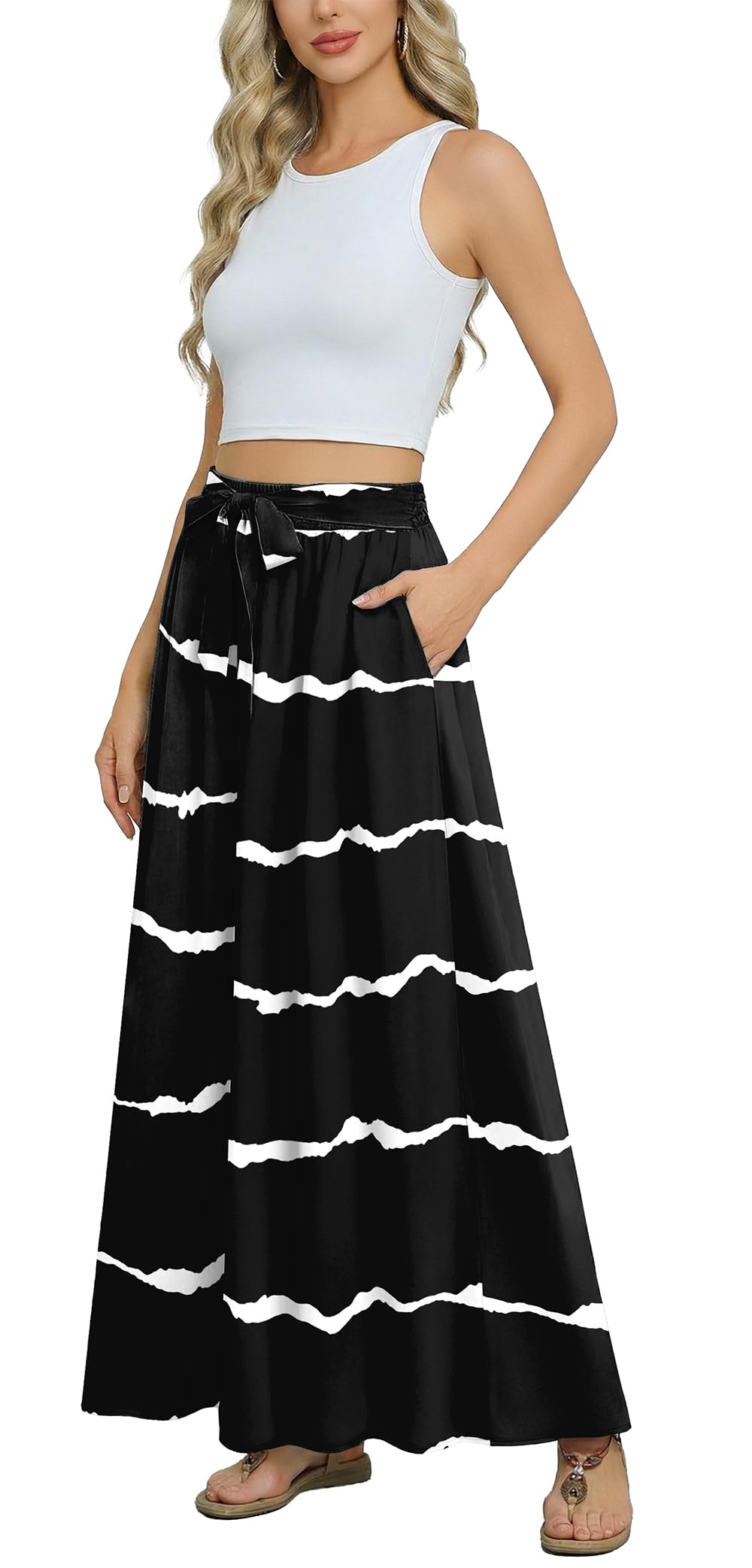 Askyes Womens Maxi Skirt Summer Trendy Tie Knot Elastic High Waisted Boho Casual Beach Flowy Swing Long Skirts with Pockets