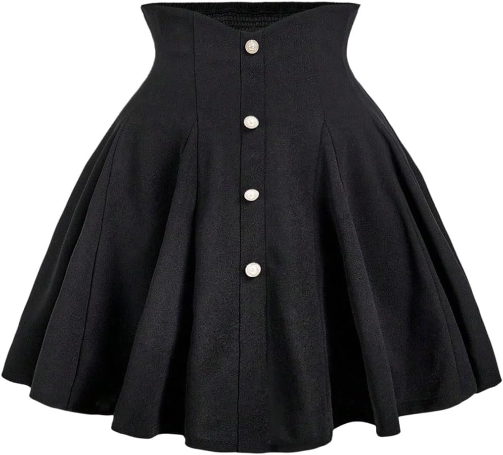 MakeMeChic Women's Plus Size High Waist Skirt Pearl Button A Line Flare Shirred Short Skirts