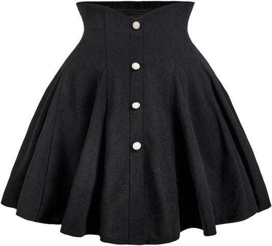 MakeMeChic Women's Plus Size High Waist Skirt Pearl Button A Line Flare Shirred Short Skirts