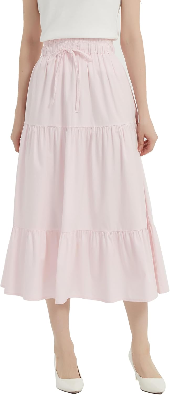 Tronjori Womens A Line Long Midi Denim Skirt Tired Layers with Drawstring