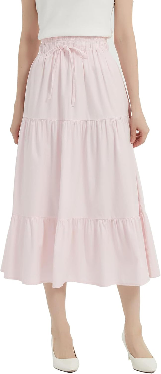 Tronjori Womens A Line Long Midi Denim Skirt Tired Layers with Drawstring