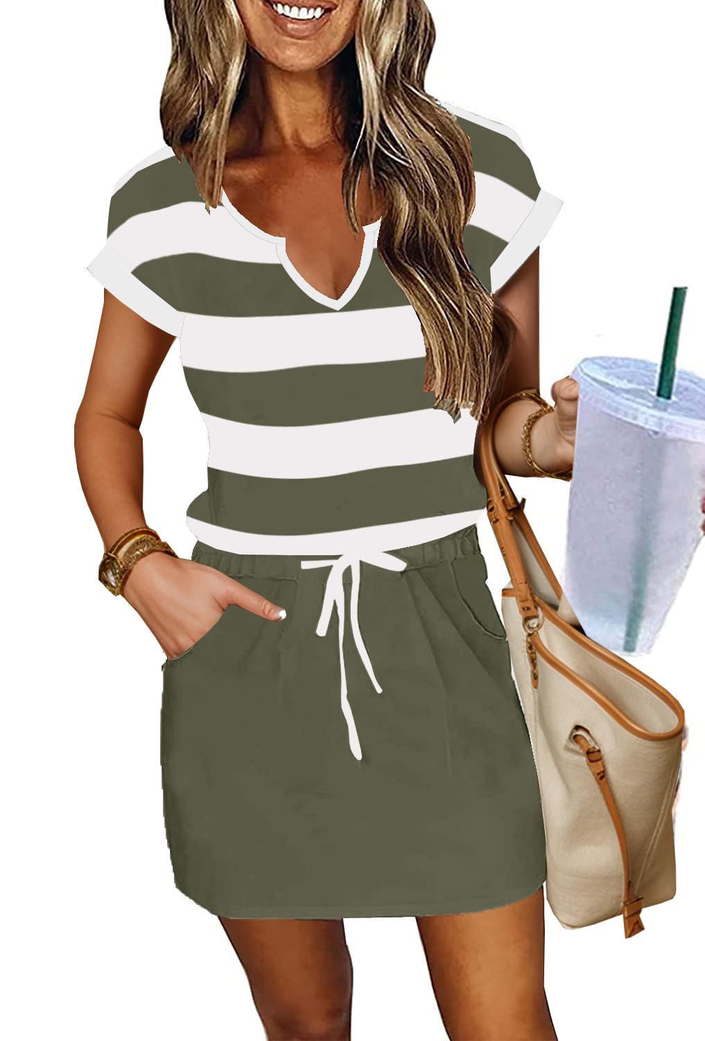 SAUKOLE Women Summer T Shirt Dress Casual Short Sleeve V Neck Dress with Pockets Drawstring Waist Short Dresses