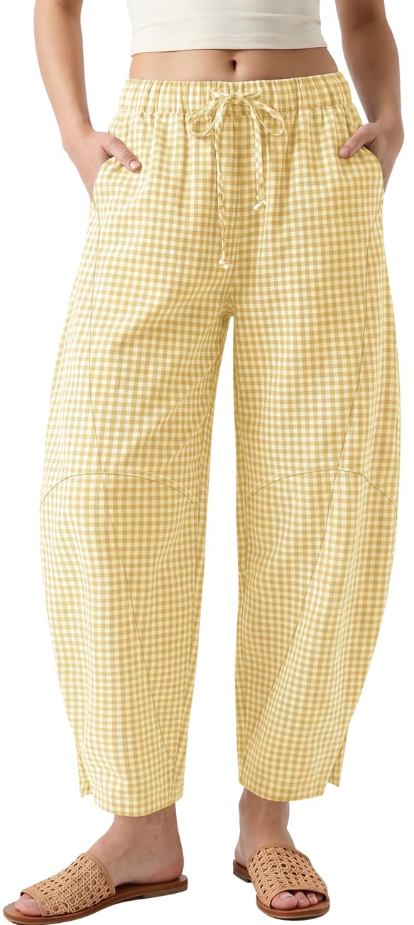 TARSE Womens Gingham Striped Linen Barrel Pants Drawstring Casual Trousers