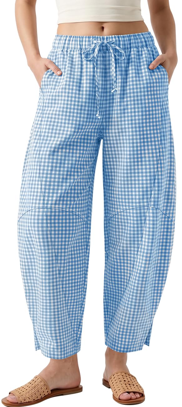 TARSE Womens Gingham Striped Linen Barrel Pants Drawstring Casual Trousers