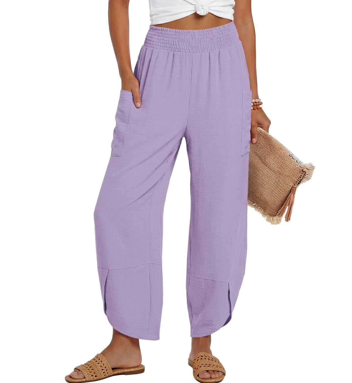Lepunuo Womens Wide Leg Pants Palazzo High Waisted Smocked Trousers Summer Beach Casual Travel Pants 2026 with Pockets