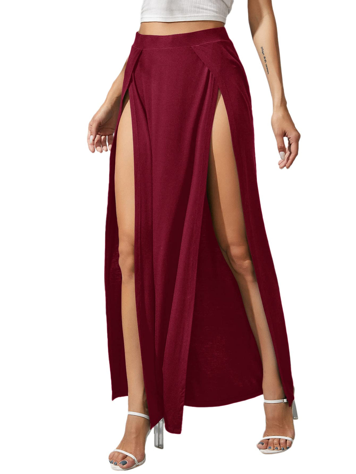 Verdusa Women's Elastic Waist High Split Wrap Flowy Long Maxi Skirt