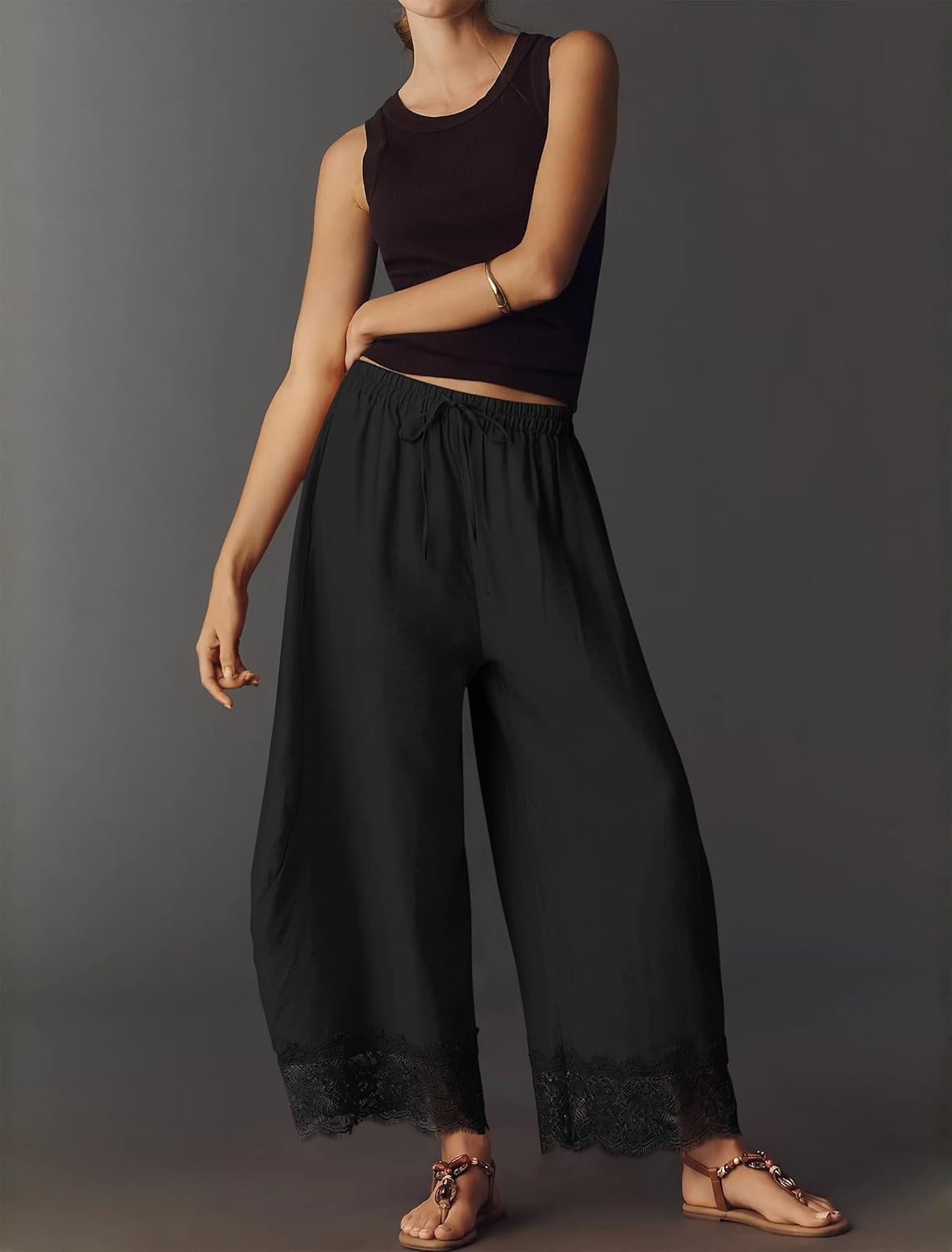 IWH Cropped Lace Trim Pants Women Wide Leg Barrel Silk Bottom Petite Length