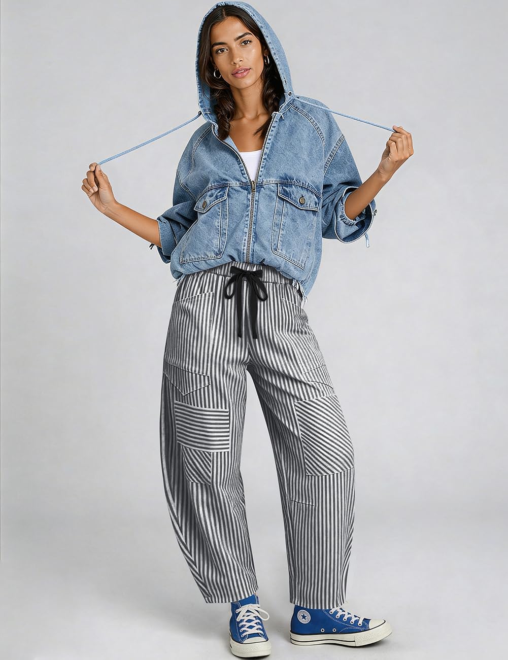 TARSE Womens Striped Linen Barrel Pants with Pockets Y2k Patchwork
