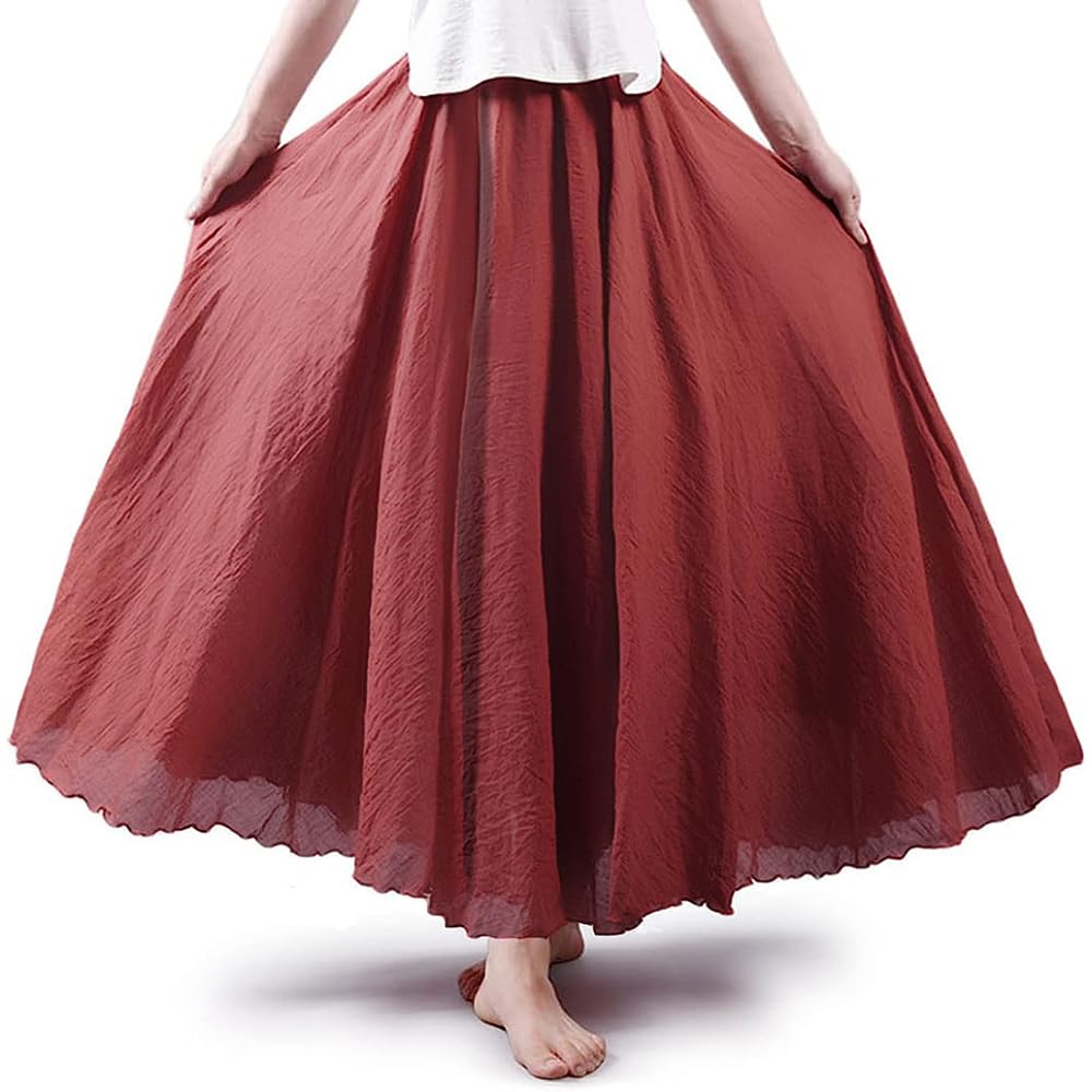 Women Bohemian Style Elastic Waist Band Cotton Linen Long Maxi Skirt Dress