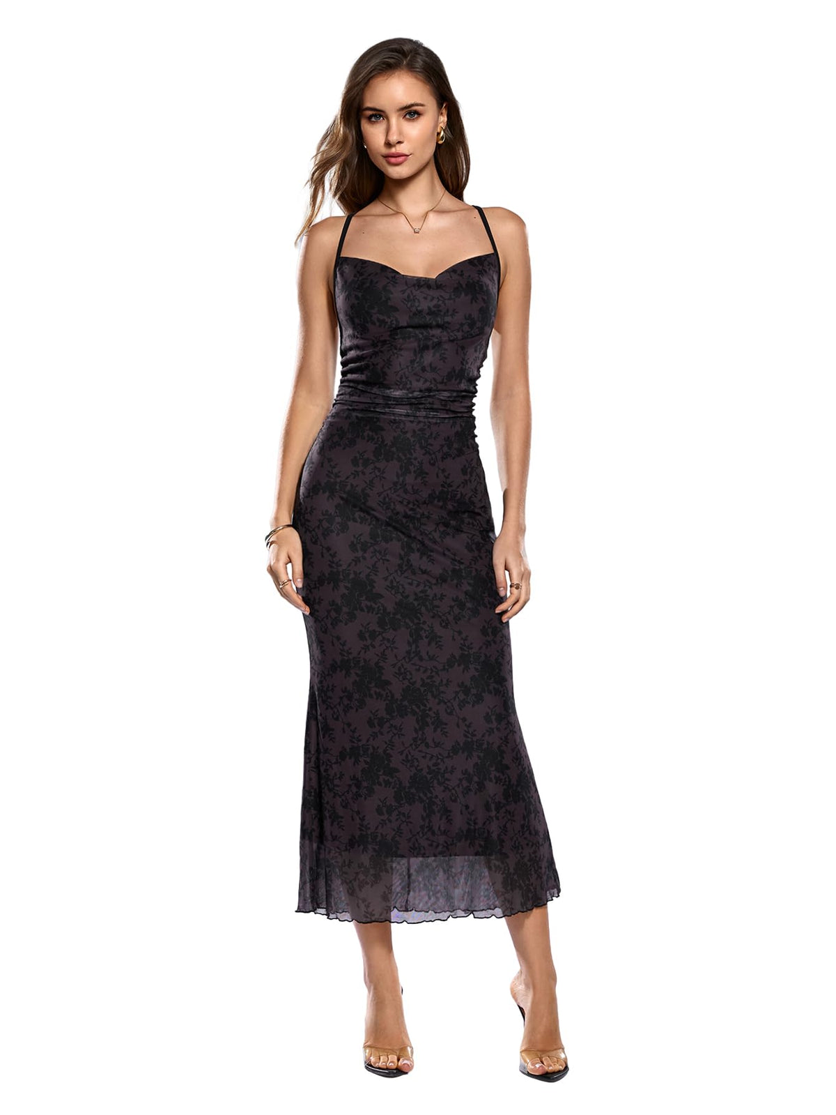 SOLY HUX Women's Floral Mesh Cami Dress Cocktail Wedding Guest Long Dresses