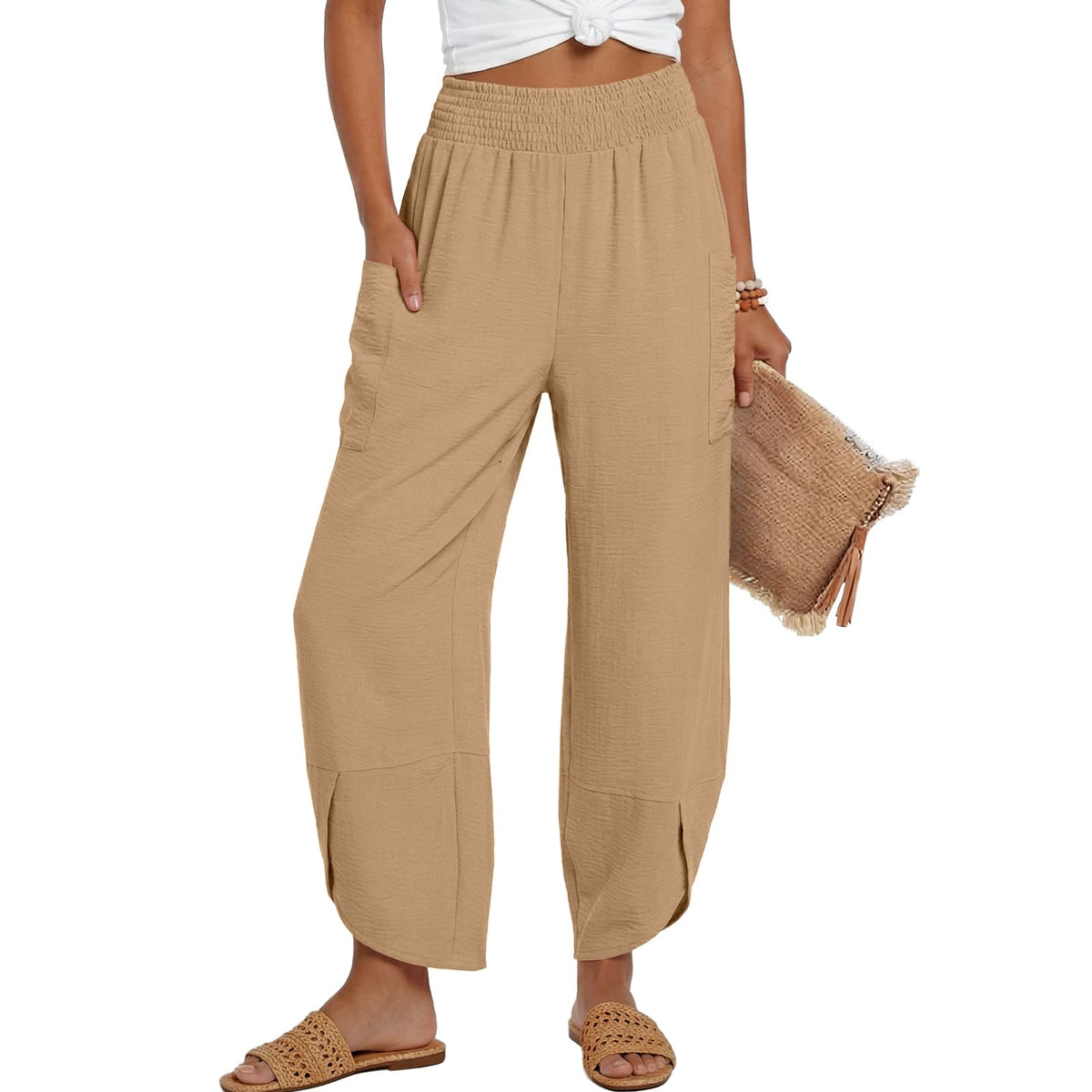Lepunuo Womens Wide Leg Pants Palazzo High Waisted Smocked Trousers Summer Beach Casual Travel Pants 2026 with Pockets
