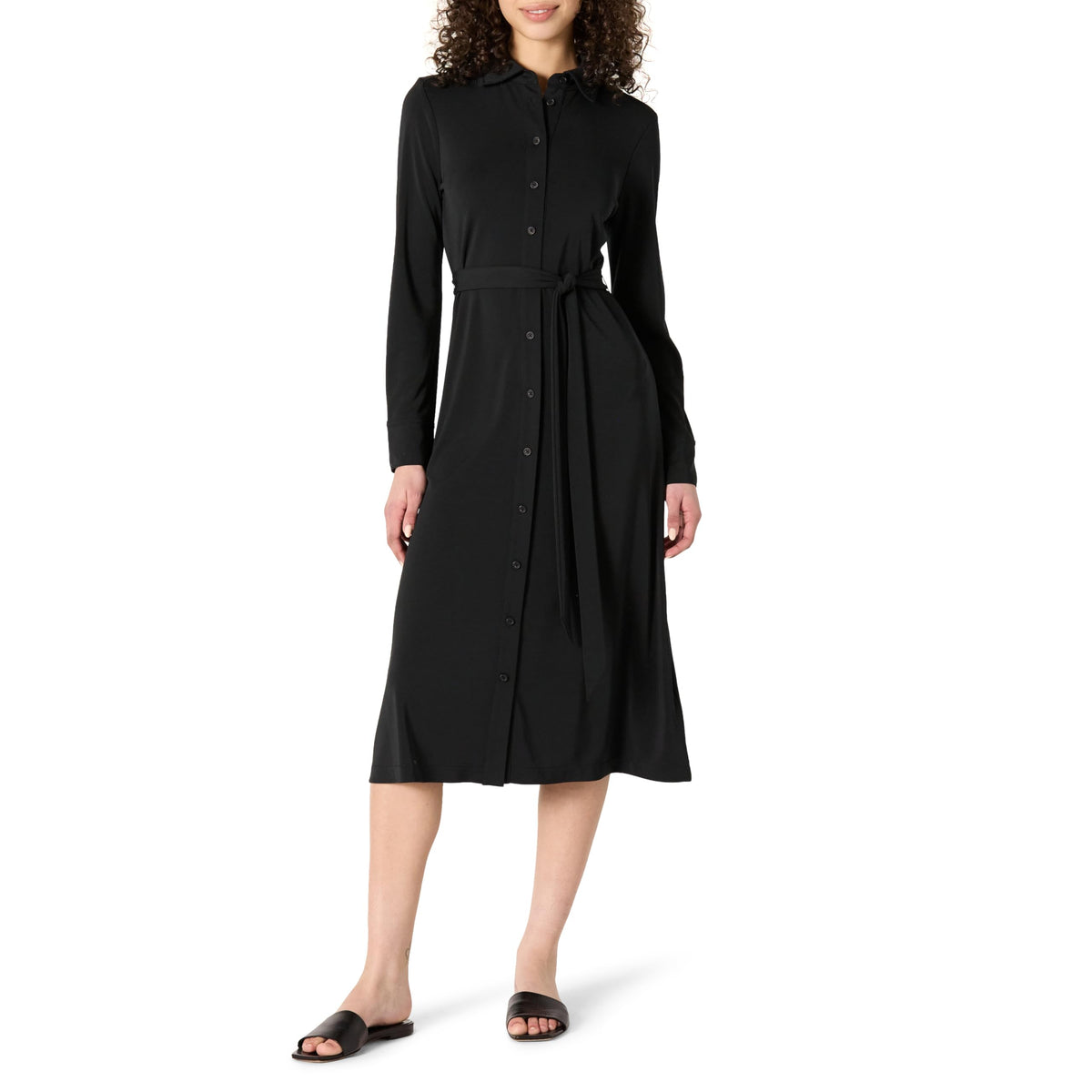 Amazon Essentials Women's Regular-Fit Matte Jersey Midi Length Dress with Classic Collar, Button Front, Removable Belt