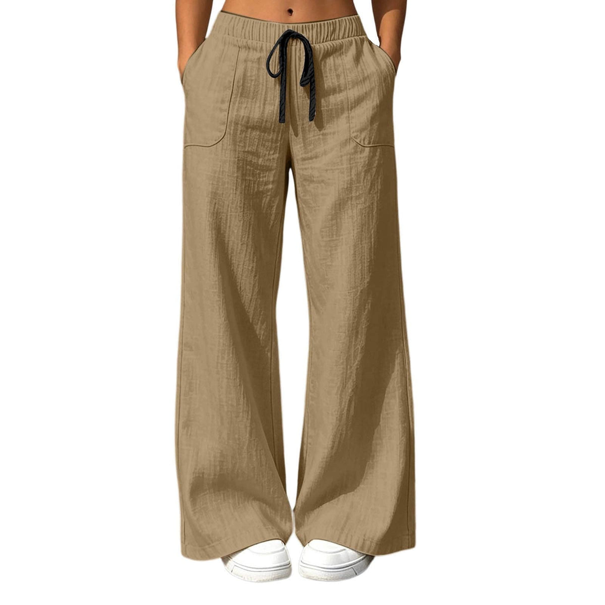 High Waisted Linen Pants Women Elastic Waist Wide Leg Flowy Lounge Pants Drawstring Palazzo Pant with Pockets