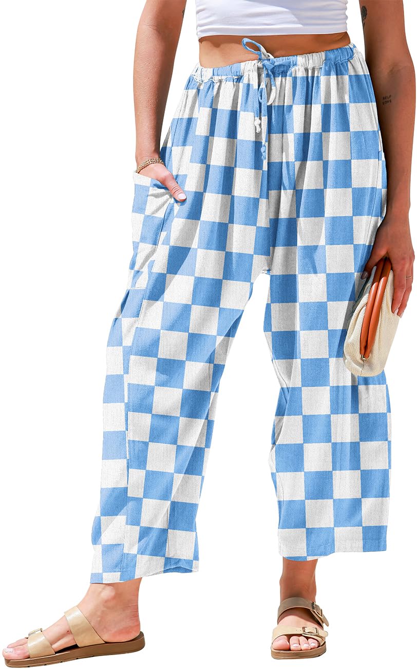 TARSE Womens Linen Palazzo Pants Wide Leg Casual Loose Drawstring Pants