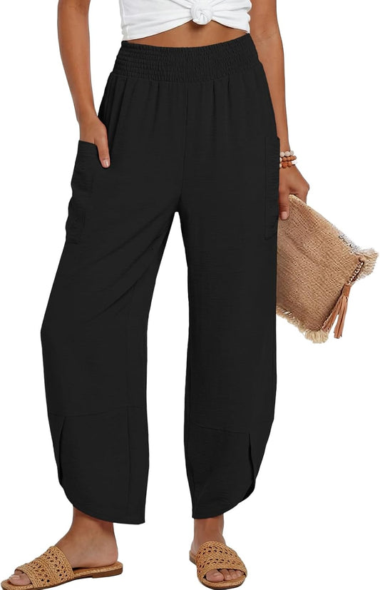 Lepunuo Womens Wide Leg Pants Palazzo High Waisted Smocked Trousers Summer Beach Casual Travel Pants 2026 with Pockets