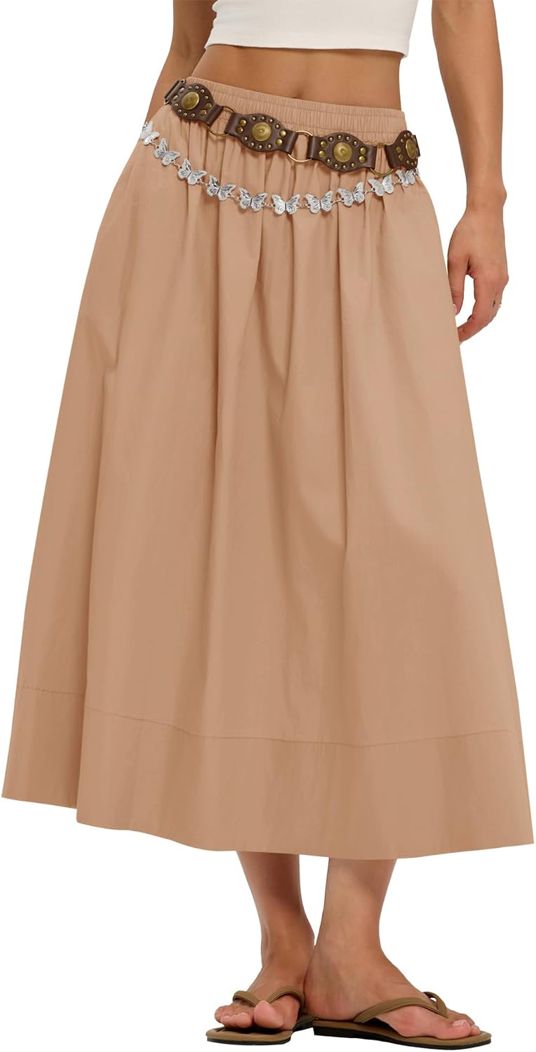 LOMON Midi Skirts for Women with Pockets A-Line Cotton Flowy Elastic Waist