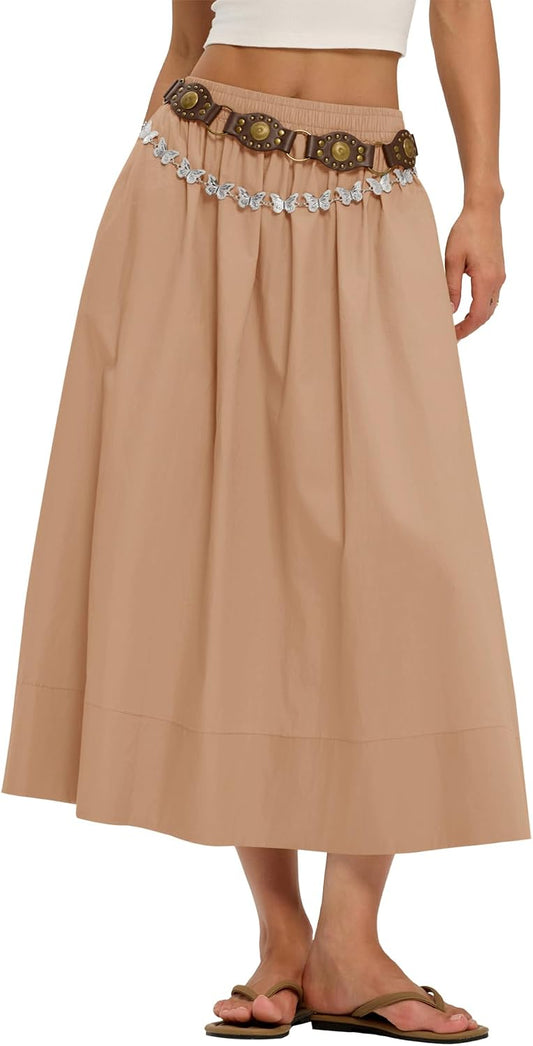 LOMON Midi Skirts for Women with Pockets A-Line Cotton Flowy Elastic Waist