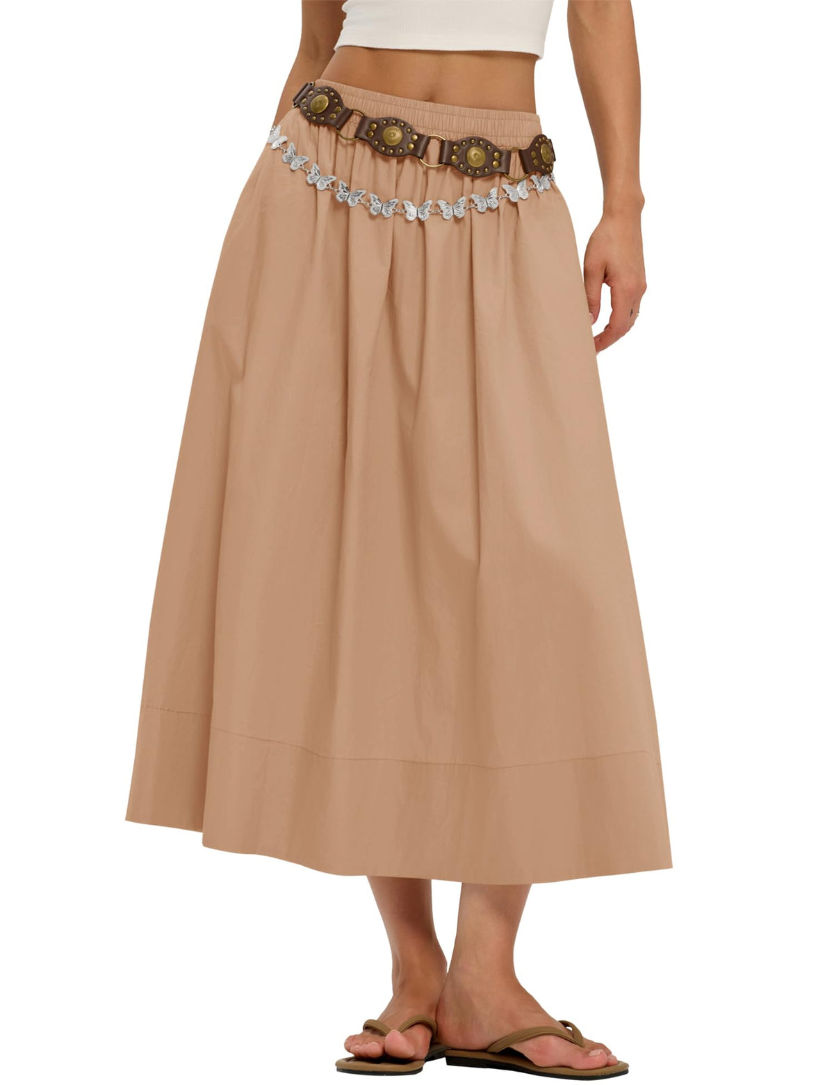 LOMON Midi Skirts for Women with Pockets A-Line Cotton Flowy Elastic Waist