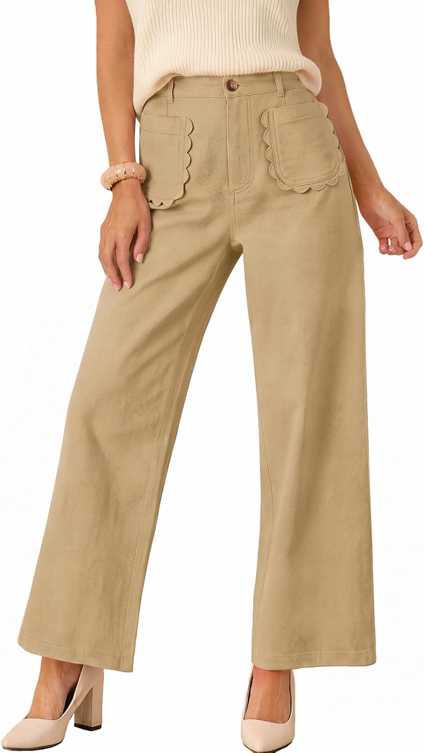 Tankaneo Womens Wide Leg Cotton Pants High Waisted Dressy Casual Trousers