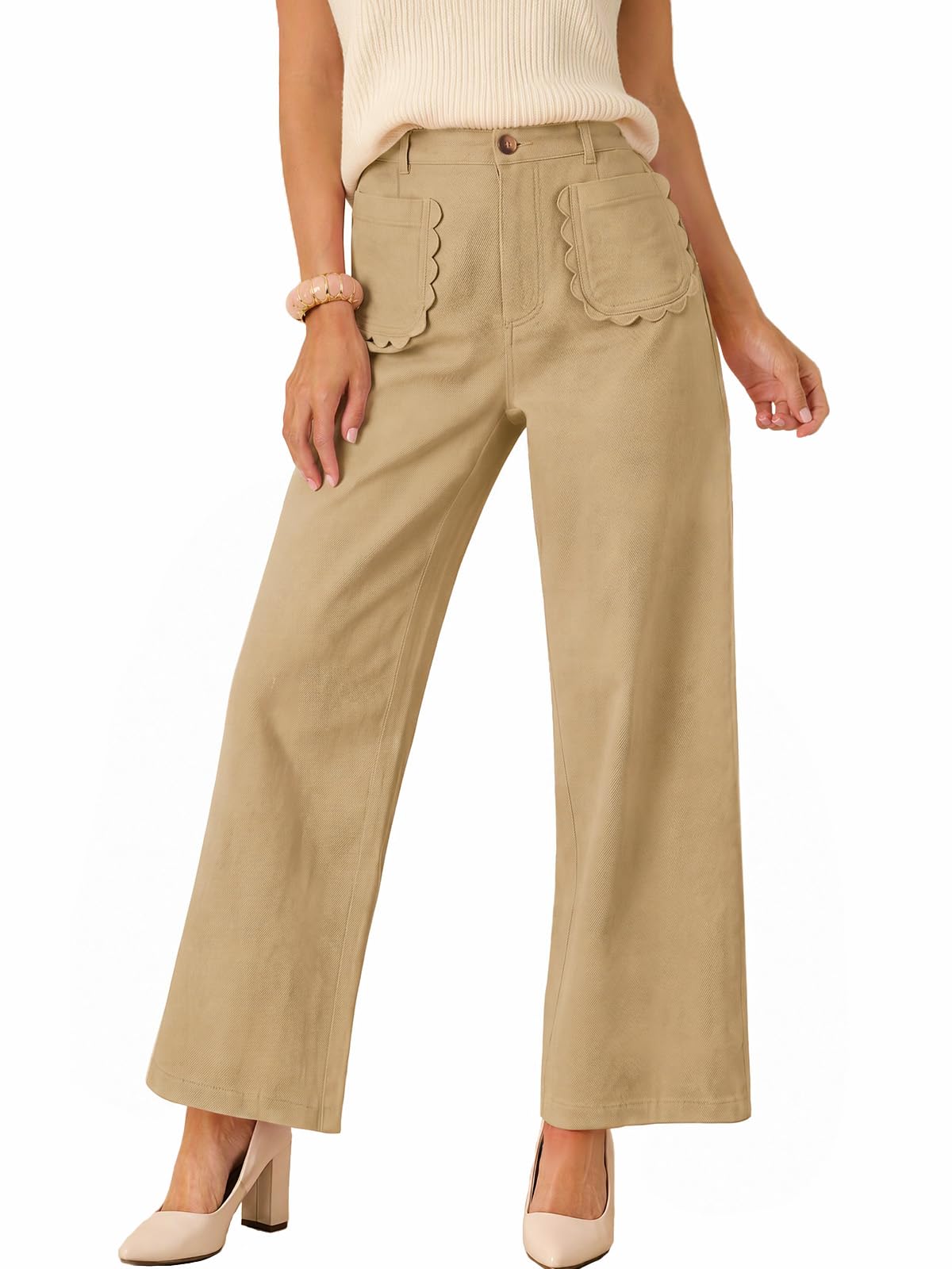 Tankaneo Womens Wide Leg Cotton Pants High Waisted Dressy Casual Trousers