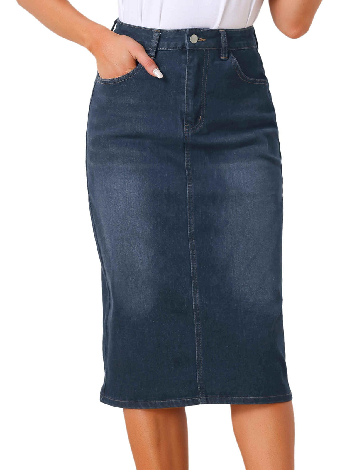Allegra K Denim Pencil Skirts for Women High Waist Midi Casual Jean Skirt
