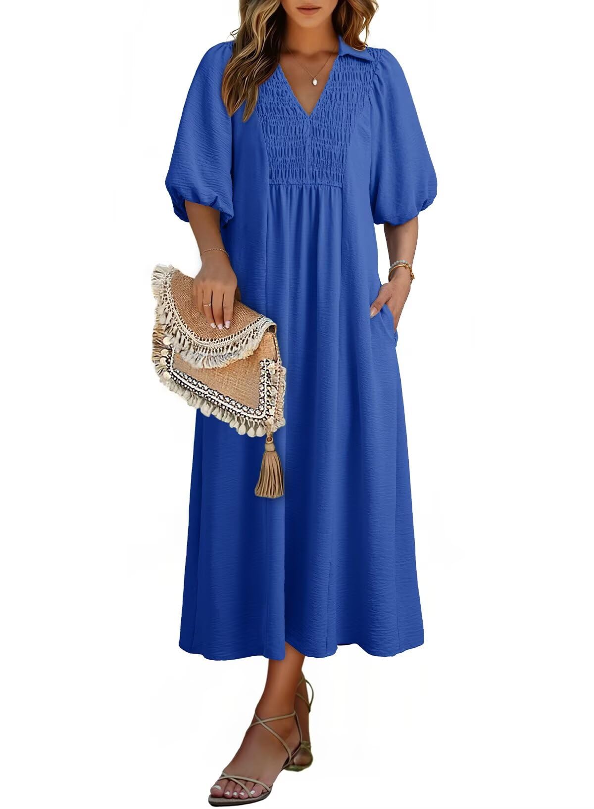 Dokotoo Summer Dresses for Women 2026 Casual Dresses V Neck Puff Sleeve Empire Waist A-Line Maxi Dress