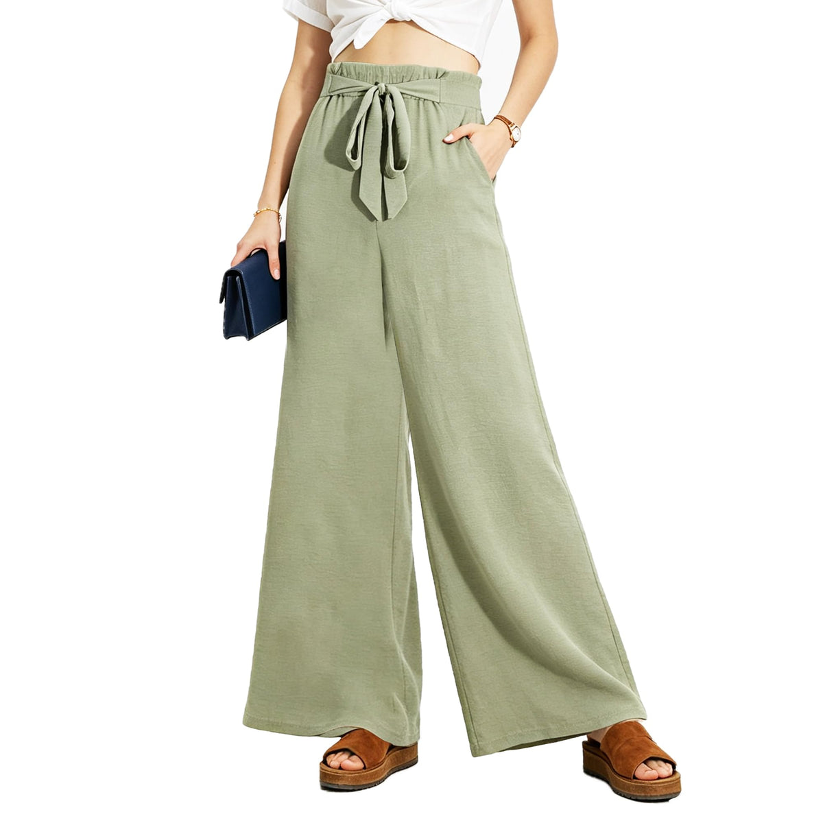 Women Wide Leg Casual Pants High Waist Flowy Palazzo Trousers Adjustable Knot Stylish Lounge Business Pants with Pockets