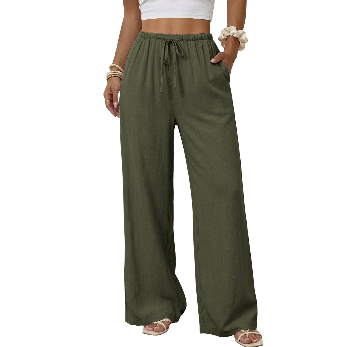 Duyang Womens Cotton Linen Palazzo Pants Drawstring Elastic Waist Casual Wide Leg Trousers with Pockets