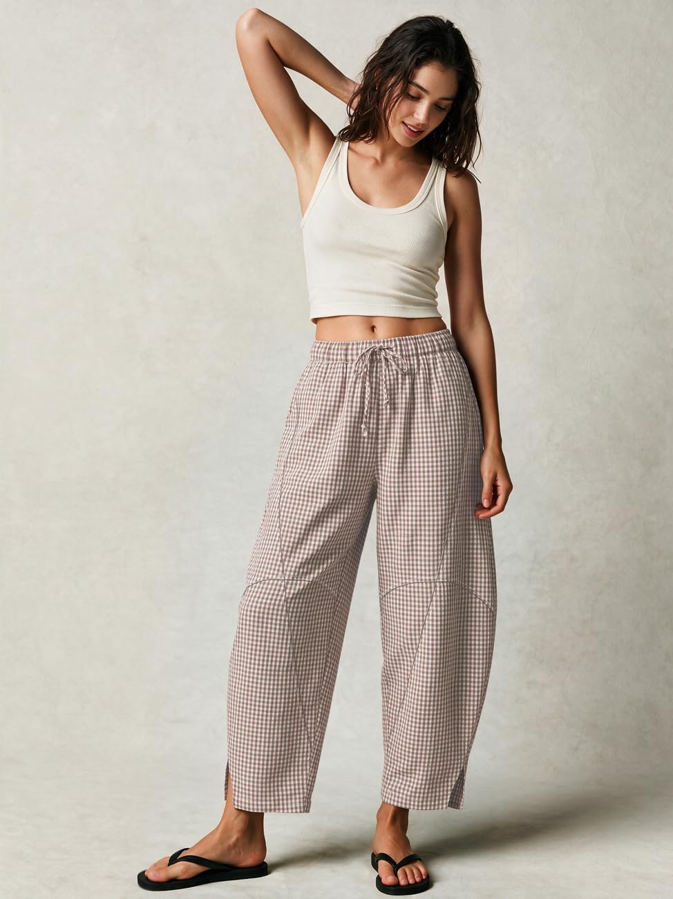 TARSE Womens Gingham Striped Linen Barrel Pants Drawstring Casual Trousers