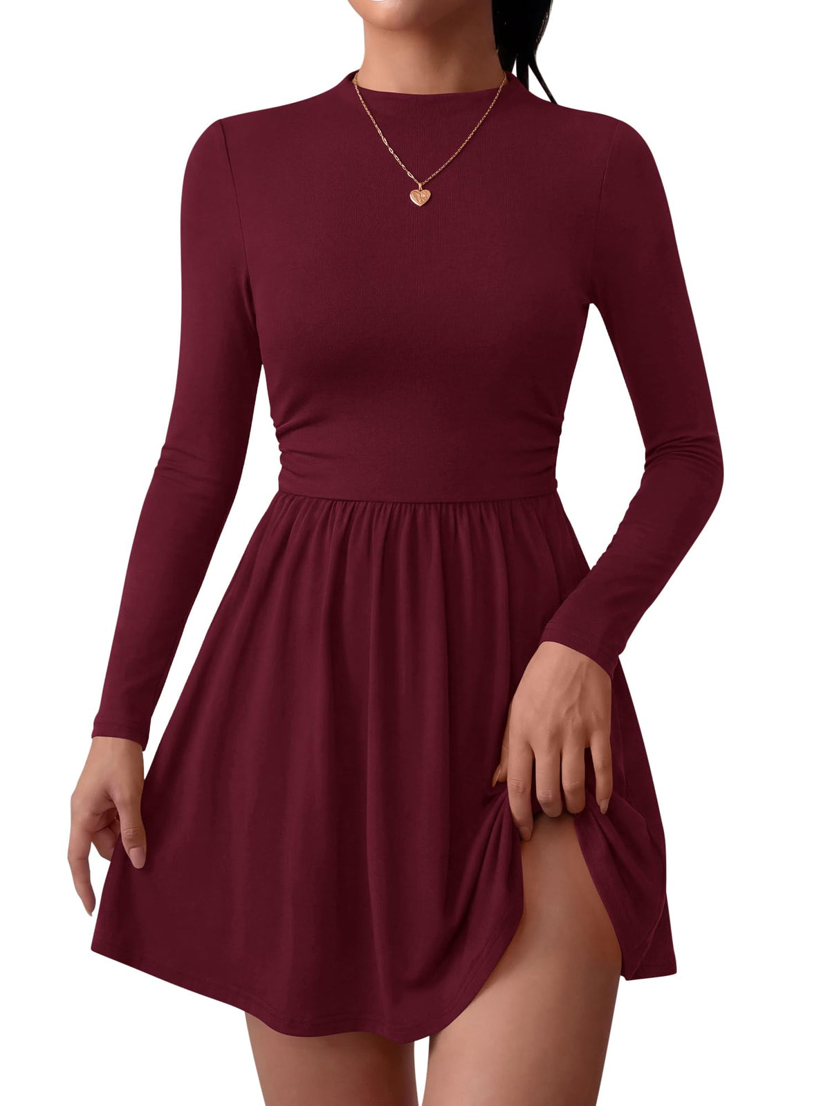 BTFBM Long Sleeve Dresses for Women Mock Neck A Line Flowy Mini Dress
