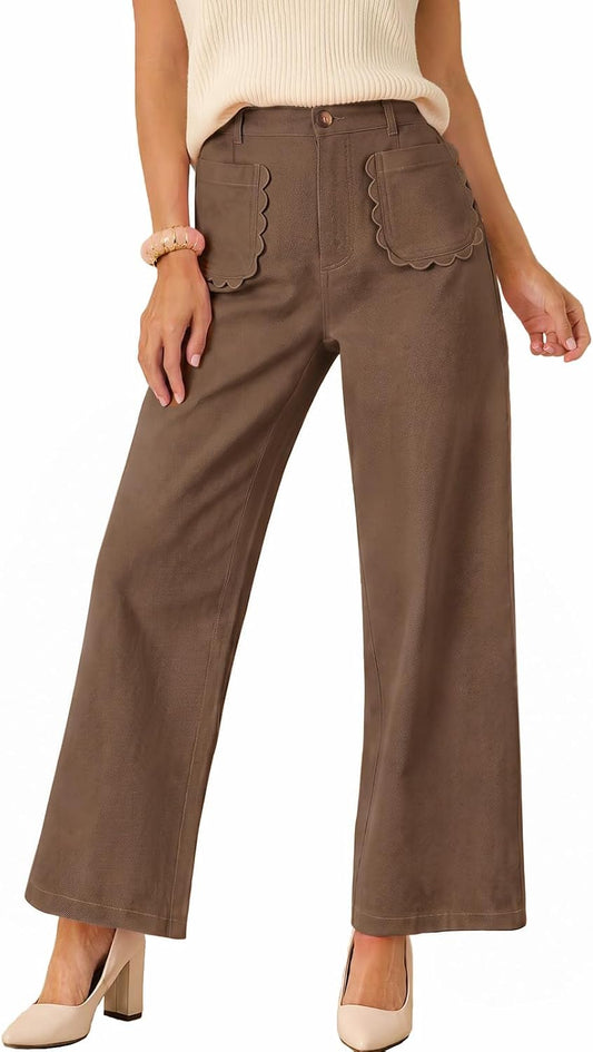 Tankaneo Womens Wide Leg Cotton Pants High Waisted Dressy Casual Trousers