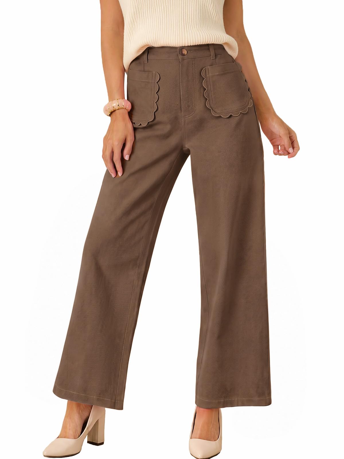 Tankaneo Womens Wide Leg Cotton Pants High Waisted Dressy Casual Trousers