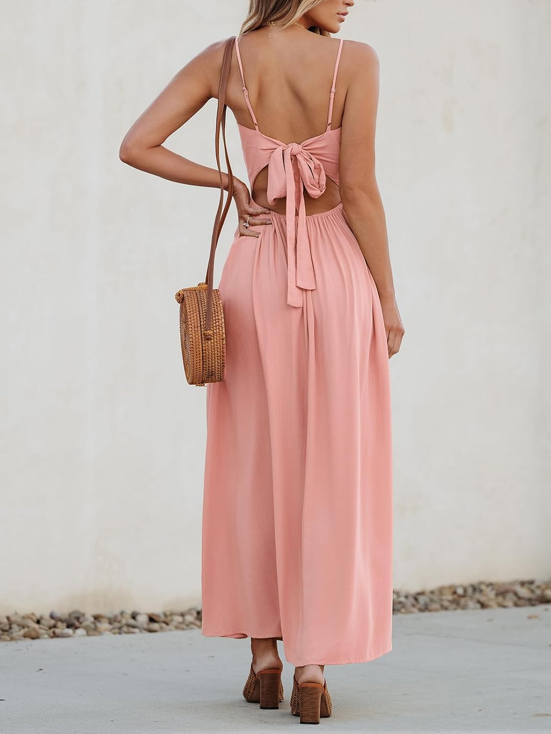 CUPSHE Women's V Neck Twisted Pleated Cutout Backless Formal Maxi Dress