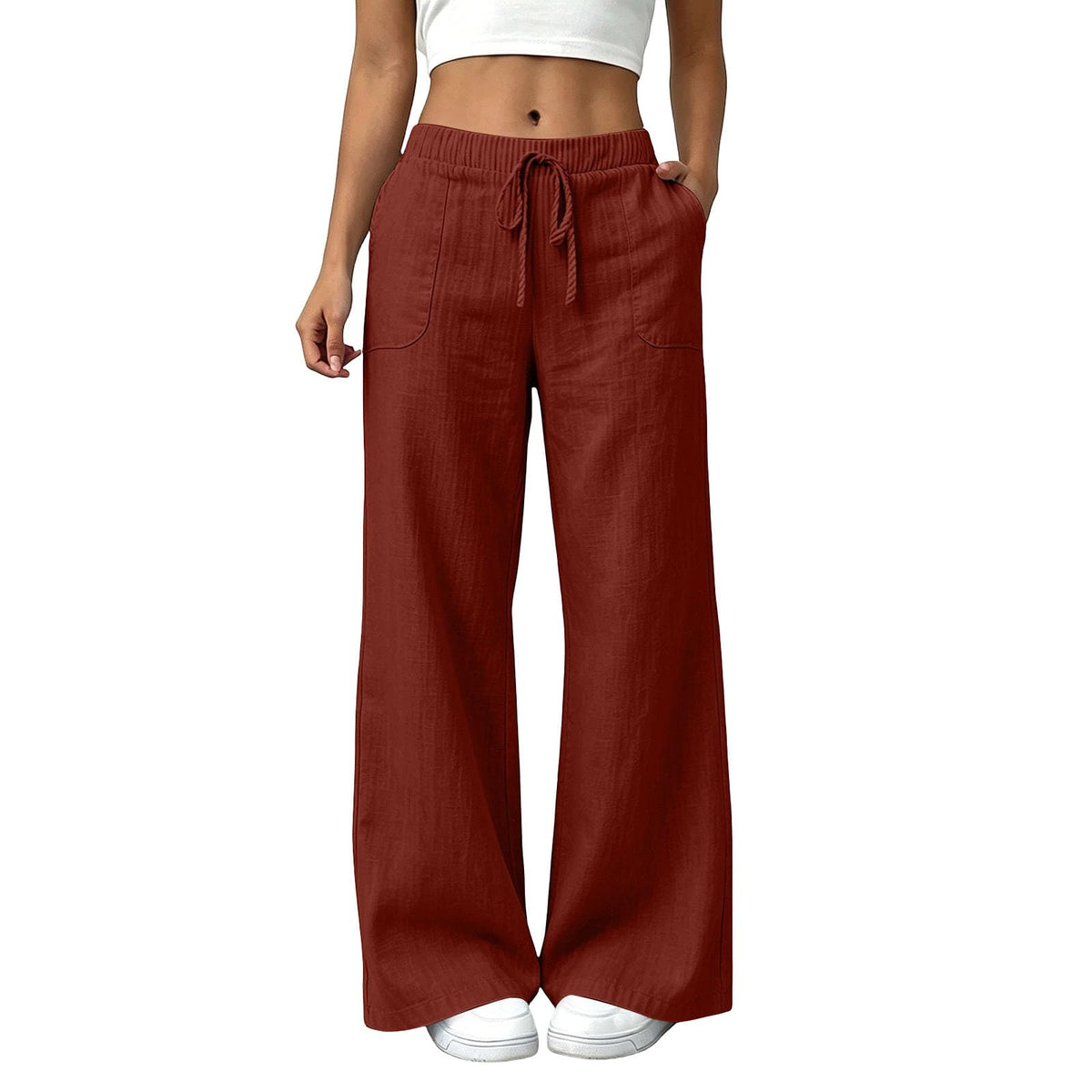 YRAETENM Wide Leg Linen Pants for Women Drawstring High Waisted Trousers