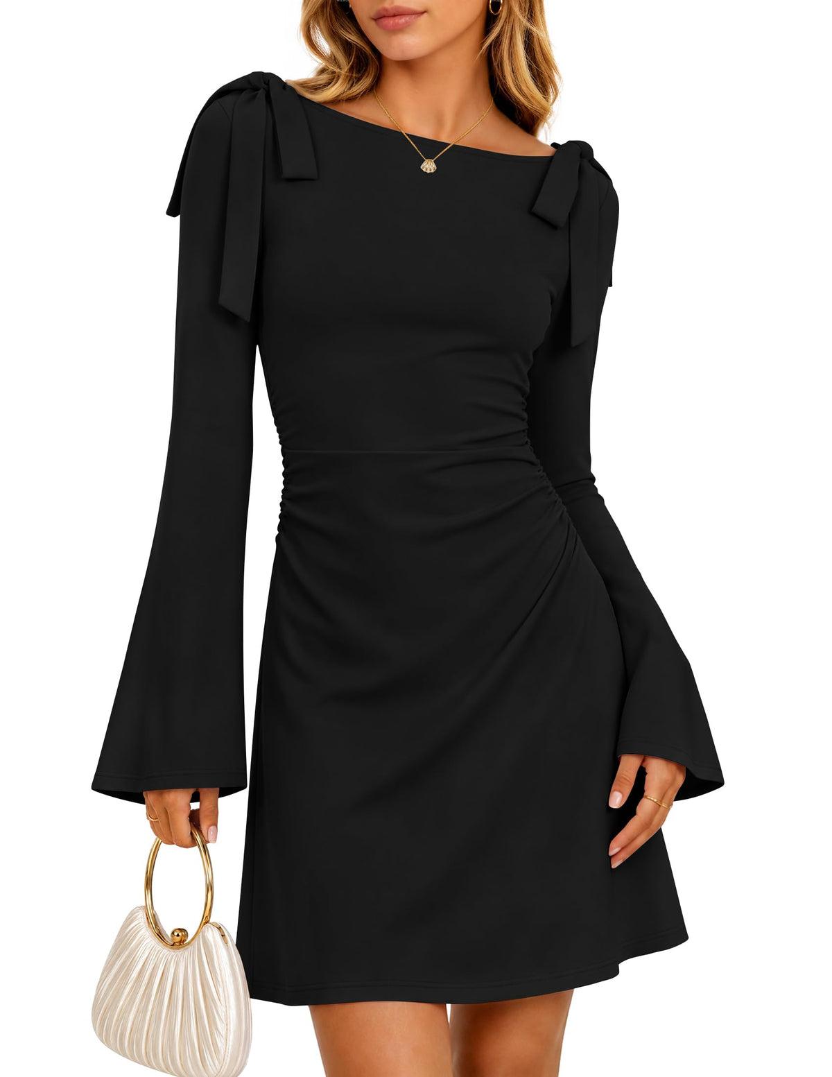 ZESICA Womens Fall Long Sleeve Tie Shoulder Ruched Bodycon Mini Dresses