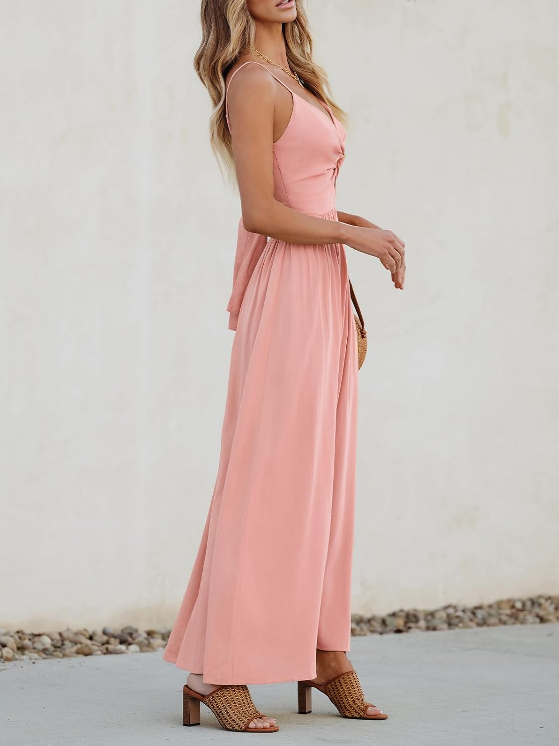 CUPSHE Women's V Neck Twisted Pleated Cutout Backless Formal Maxi Dress