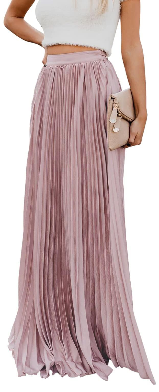 ebossy Women's High Waist Flowy Pleated Chiffon Maxi Skirt