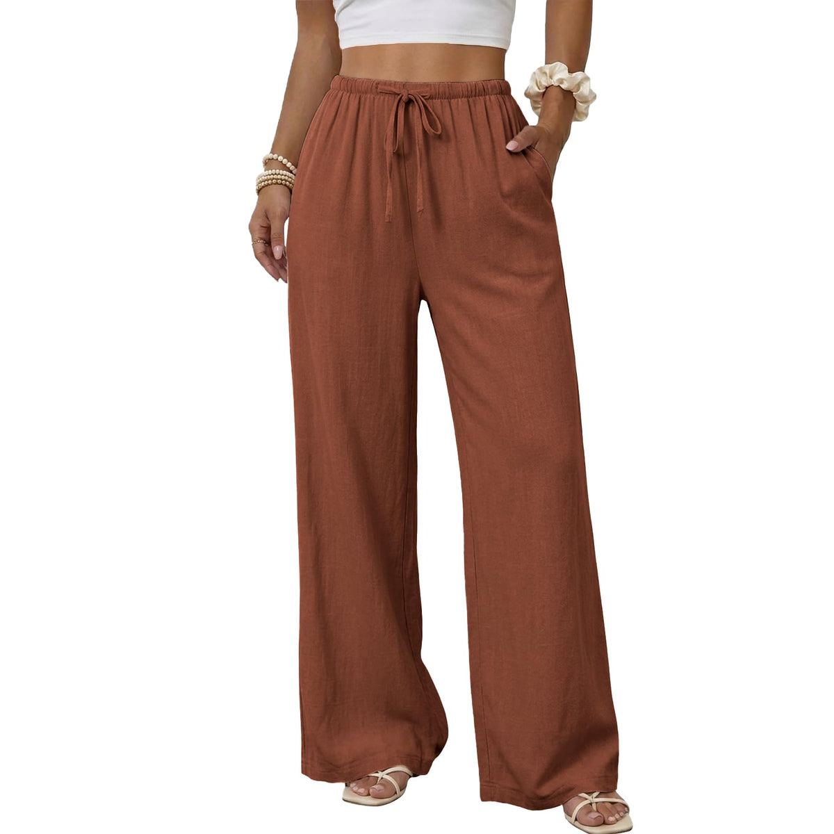 Duyang Womens Cotton Linen Palazzo Pants Drawstring Elastic Waist Casual Wide Leg Trousers with Pockets