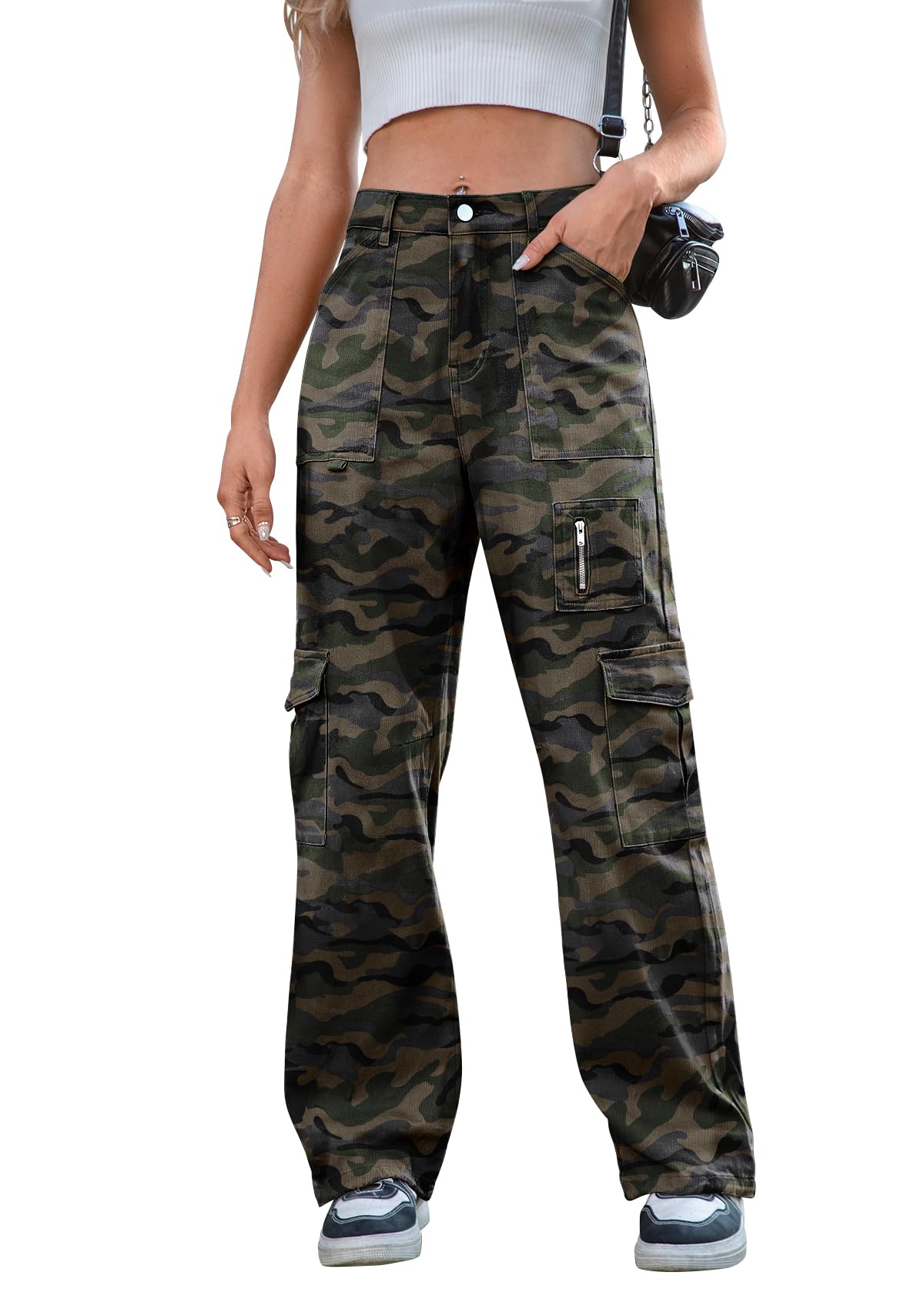 IVIR Cargo Pants Women High Waist Wide Leg Casual Pants with 7 Pockets Stretchy Drawstring Baggy Y2K Trousers