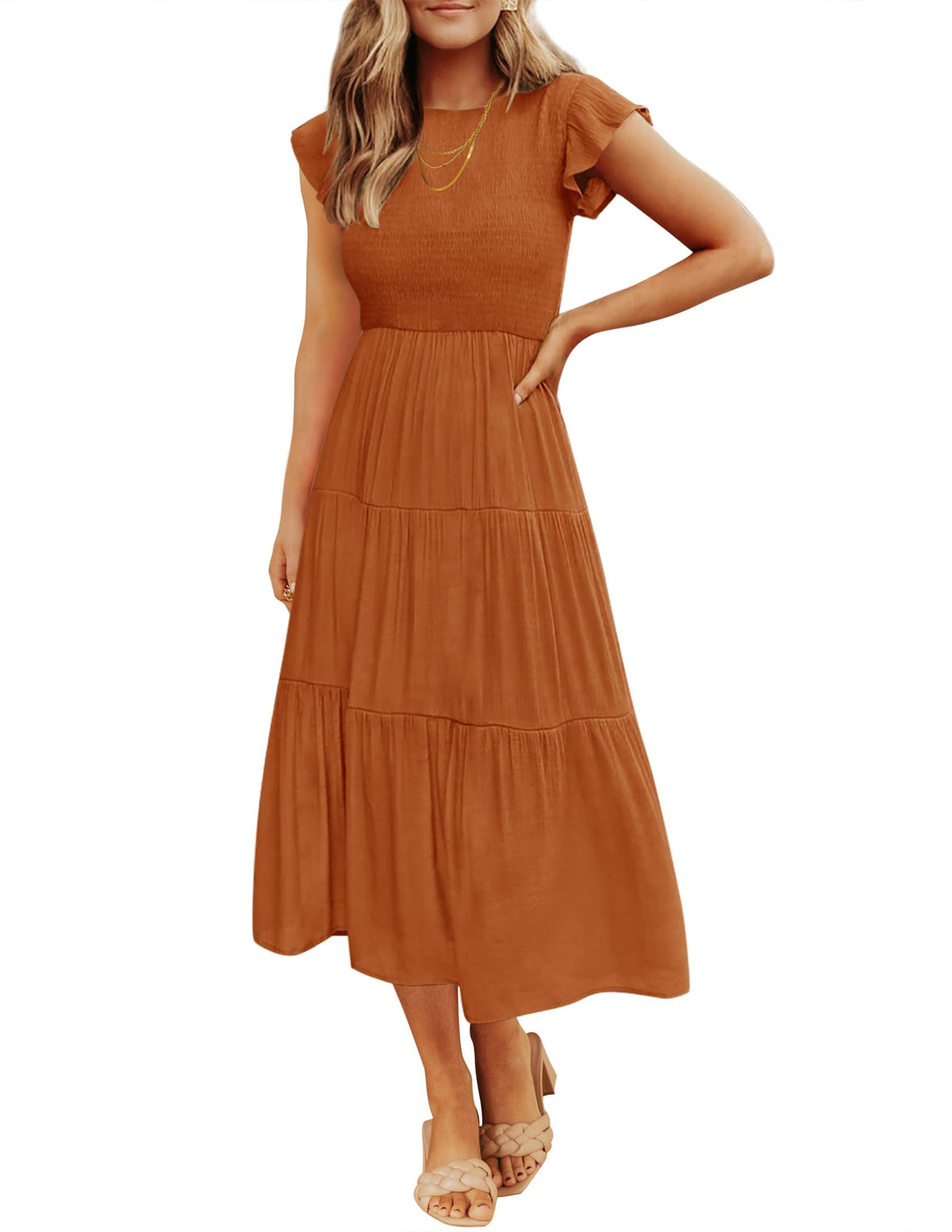 ZESICA Women's 2026 Summer Casual Flutter Short Sleeve Smocked Midi Dress