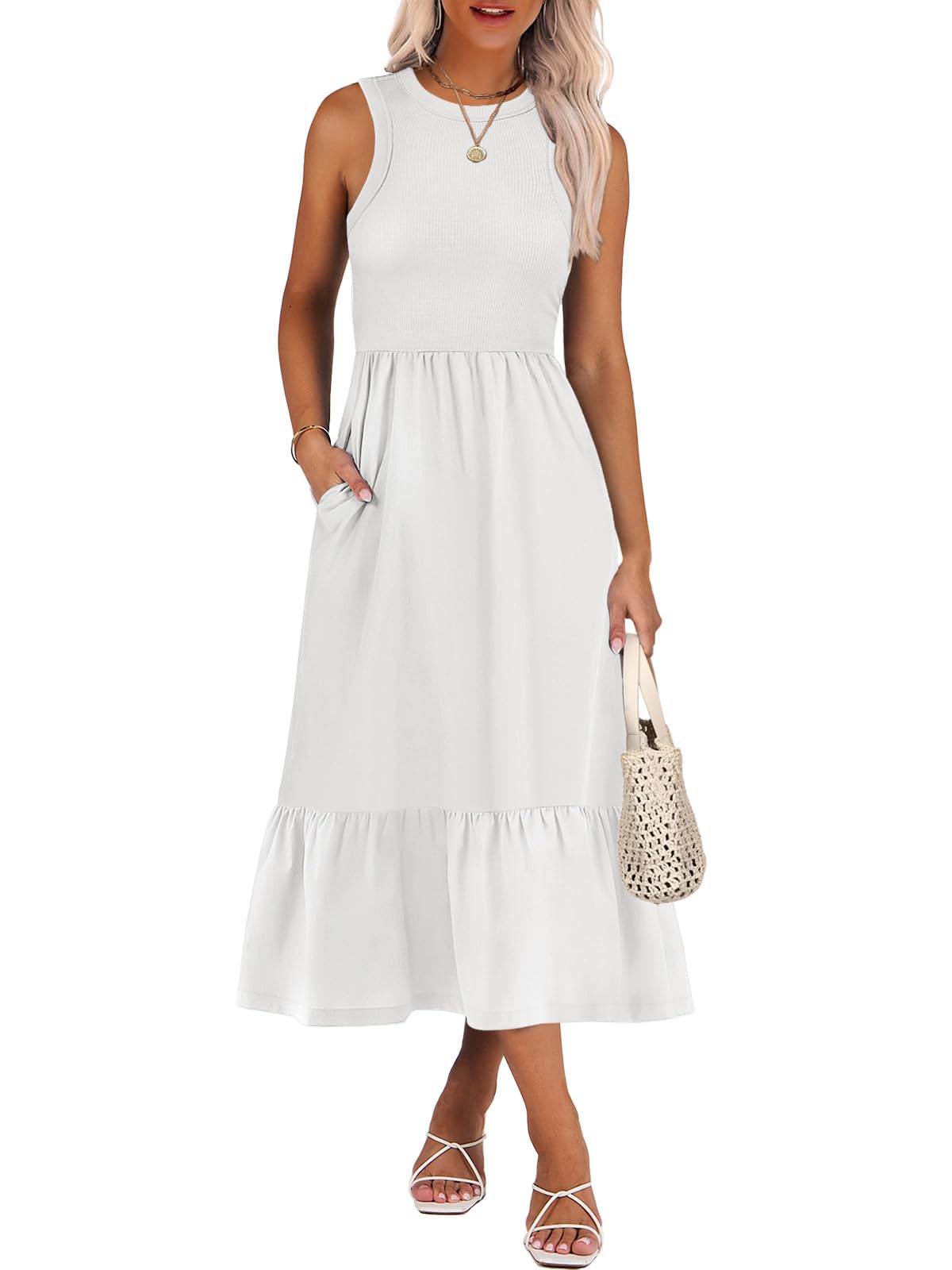 ANRABESS Womens Summer Dresses Casual Beach Tank Midi Sundress with Pockets