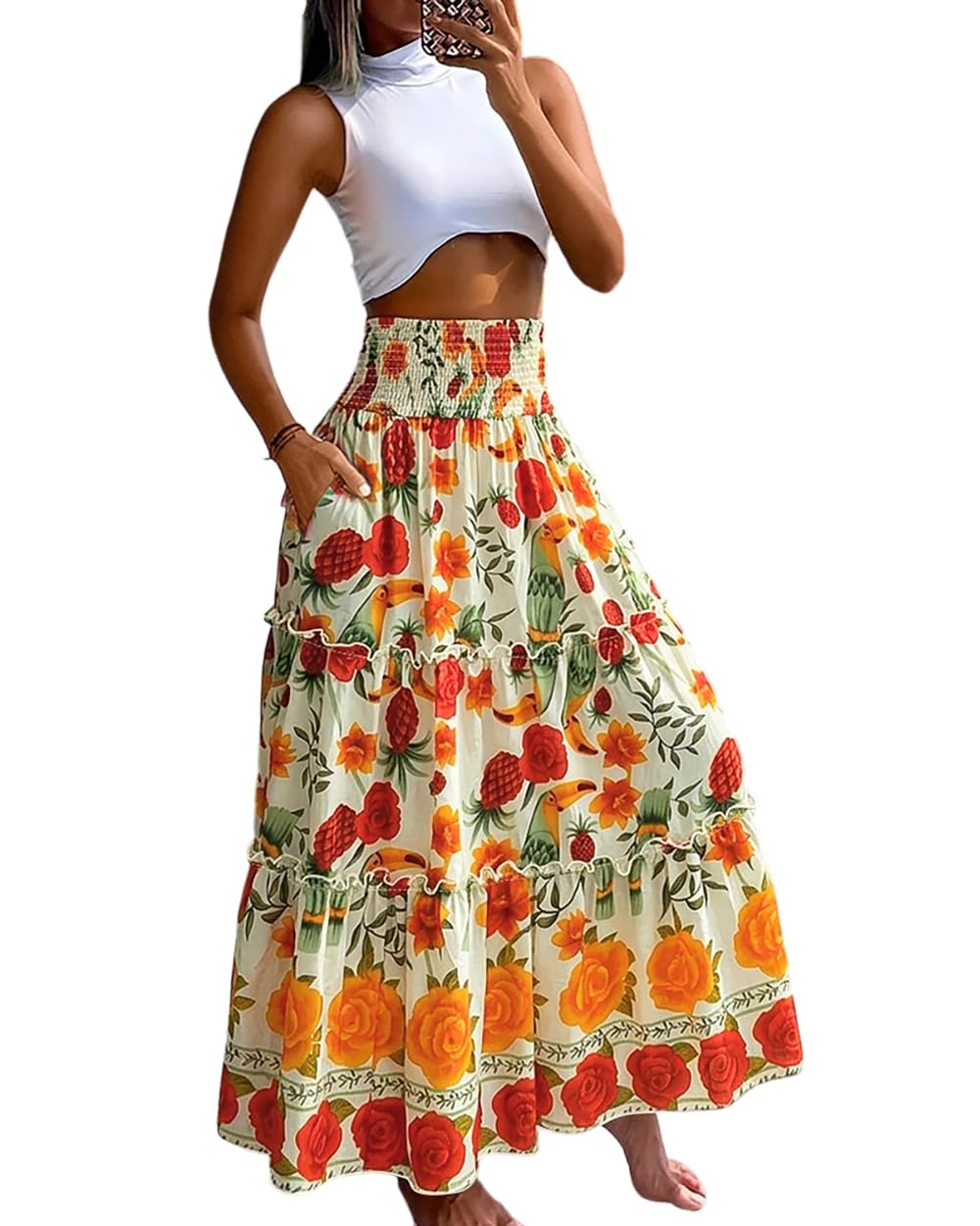 CHICME Women's Boho Floral Summer Maxi Skirt with Pockets Vacation Outfit