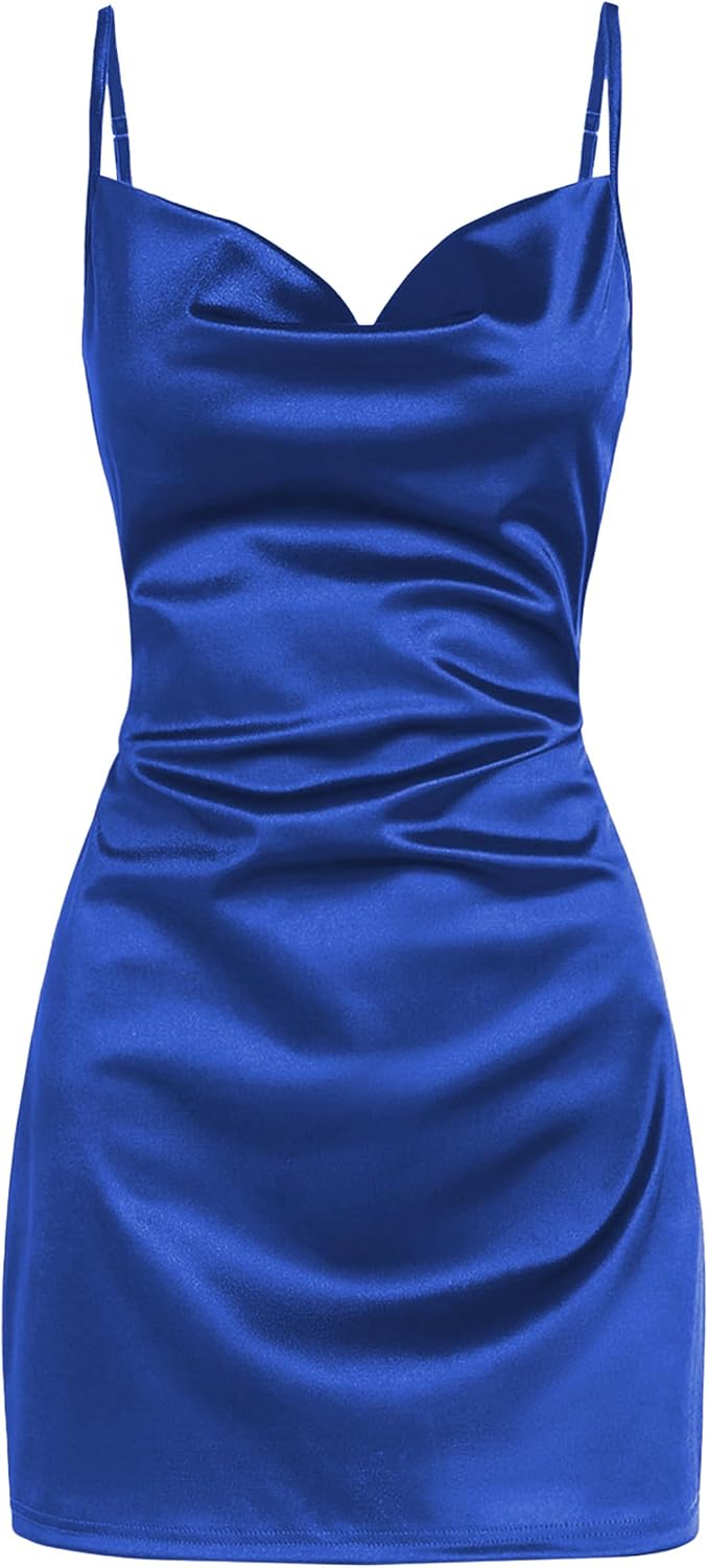 ZAFUL Women Satin Cowl Neck Spaghetti Strap Mini Slip Cocktail Dress