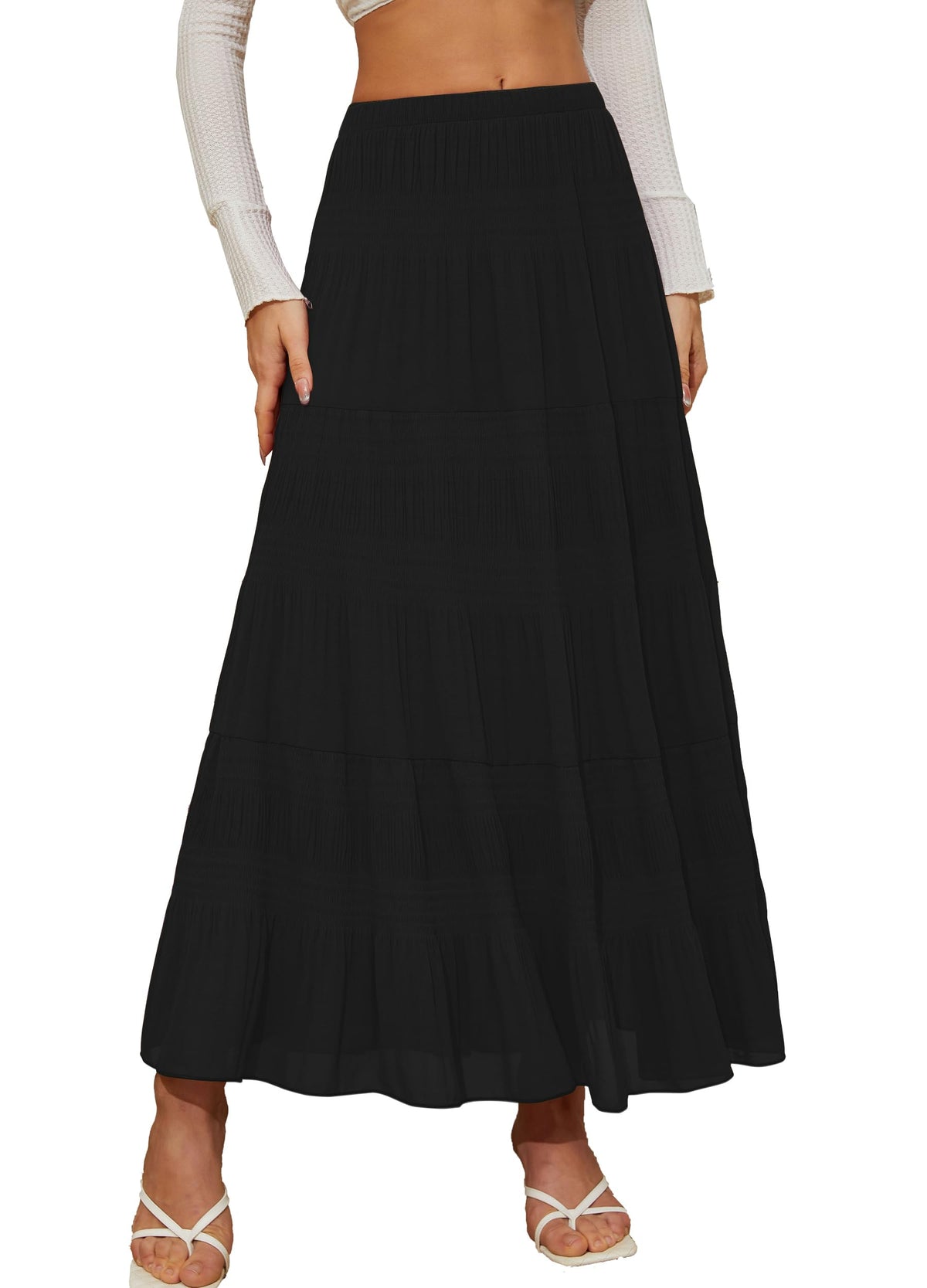 Women's Chiffon White Flowy Maxi Skirts Boho Summer Elastic Waisted Pleated A Line Long Skirt for Women 2026