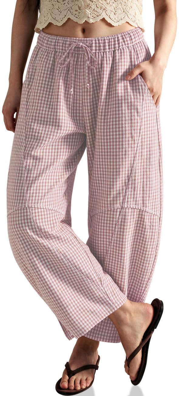 TARSE Womens Gingham Striped Linen Barrel Pants Drawstring Casual Trousers