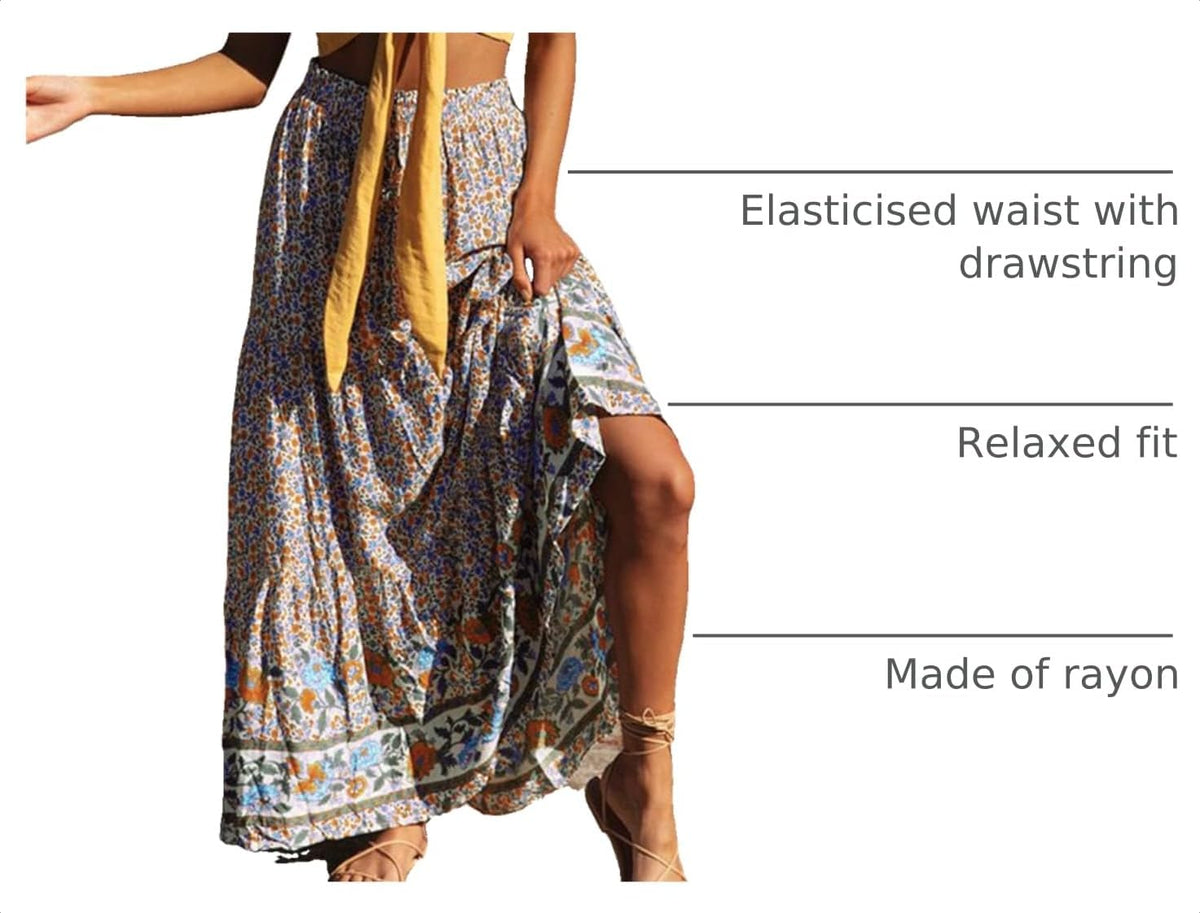 ZESICA Women's Bohemian Floral Printed Elastic Waist A Line Maxi Skirt